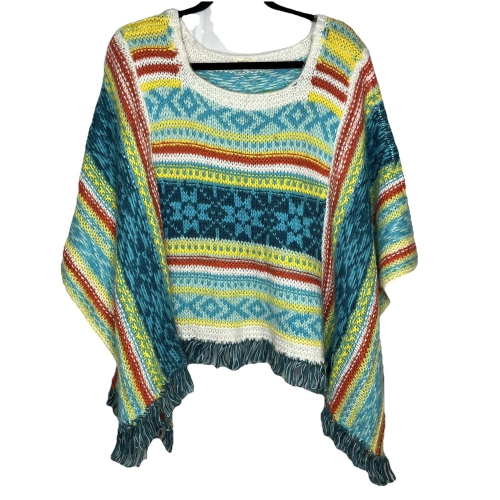 Mystree Sweater Poncho Blue/White One-Size, Pullover,Boho, Fringed